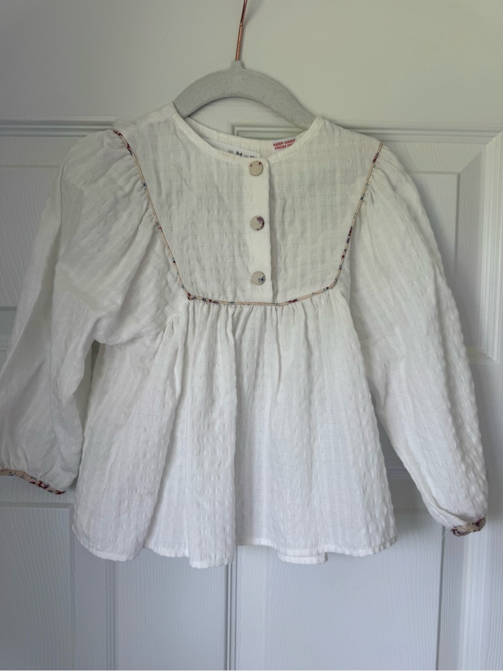 Zara White Girls' Long Sleeve Peasant Blouse with Button Yoke